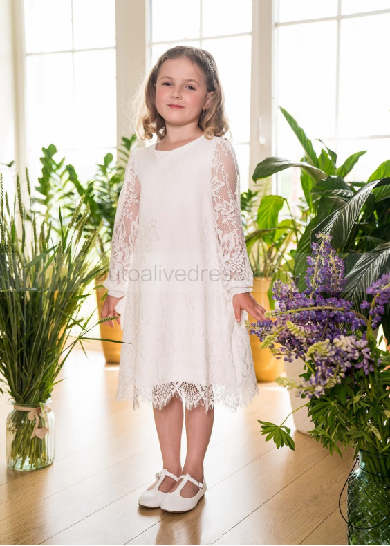 Long Sleeves Ivory Full Lace Flower Girl Dress